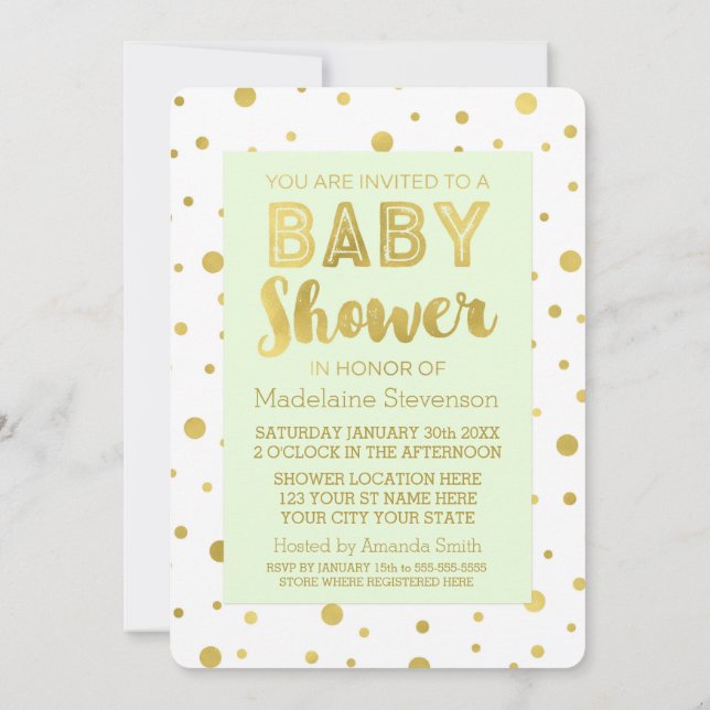 Gold Confetti Mint Green Baby Shower Invitations (Back)