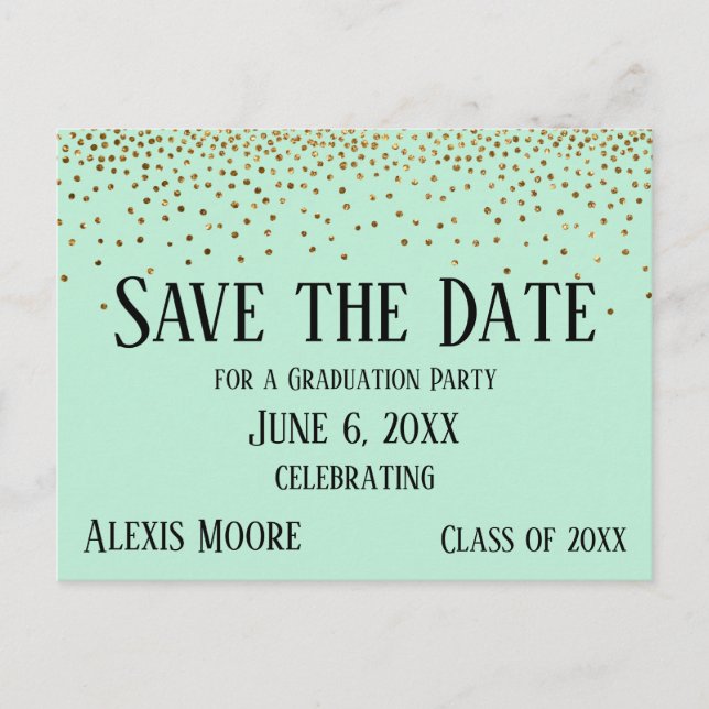 Gold Confetti Mint Green Graduation Save the Date Postcard (Front)
