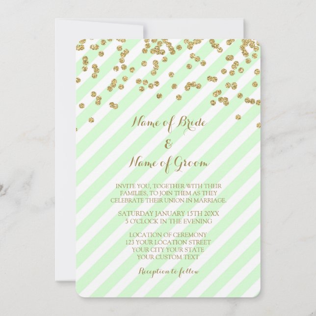 Gold Confetti Mint Stripes Wedding Invitations (Back)