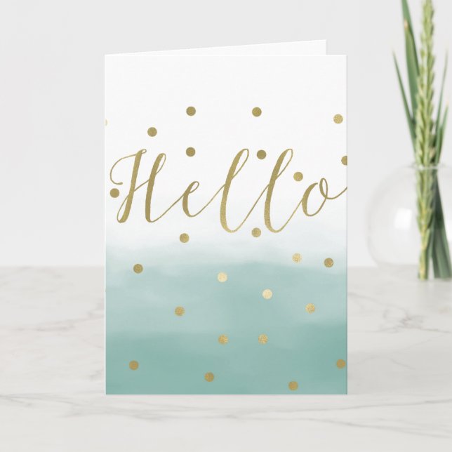 Gold Confetti Mint Watercolor Hello Card (Front)