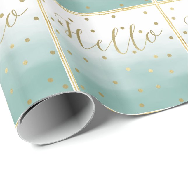 Gold Confetti Mint Watercolor Hello Wrapping Paper (Roll Corner)