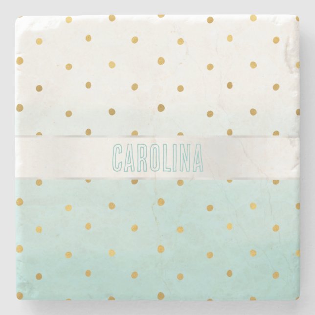 Gold Confetti Mint Watercolor Name Stone Coaster (Front)