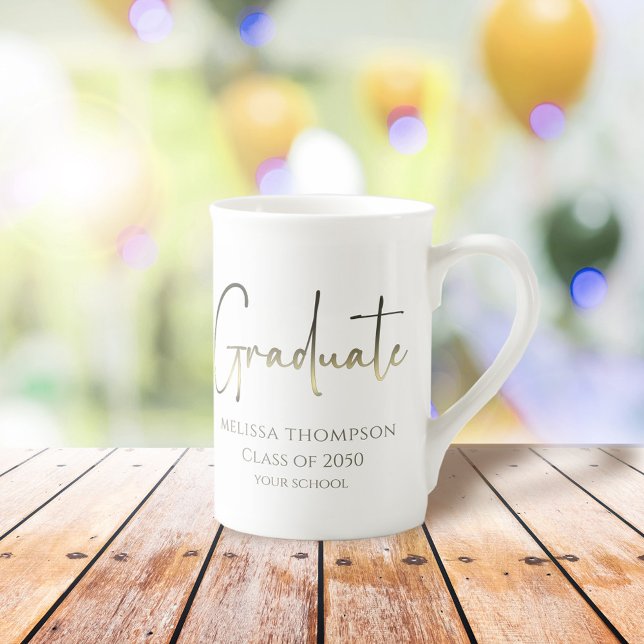 Gold Confetti Modern Calligraphy Graduation Bone China Mug (Gold confetti graduation mug with modern calligraphy script for elegant Class of keepsake. 🎓✨)