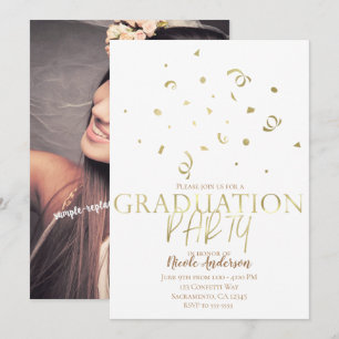 Gold Confetti Modern Graduation Party Full Photo Invitation