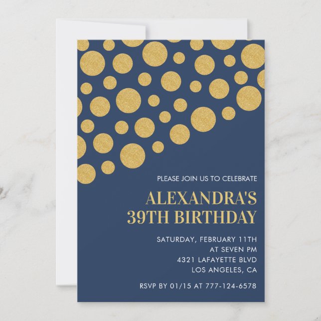 Gold Confetti Navy Blue 39th birthday invitations  (Front)