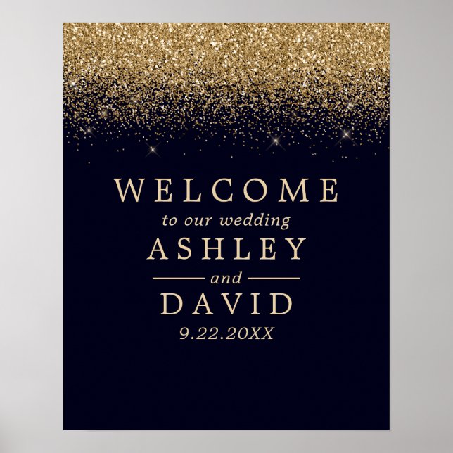 Gold Confetti Navy Blue Chic Wedding Welcome Poster (Front)