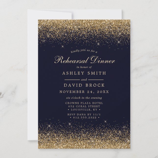Gold Confetti Navy Blue Modern Rehearsal Invitation (Front)