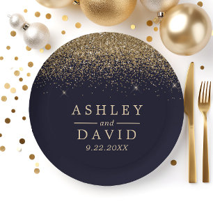Gold Confetti Navy Blue Modern Wedding Paper Plate