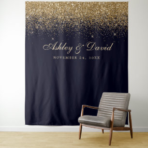 Gold Confetti Navy Blue Photo Booth Backdrop Tapestry