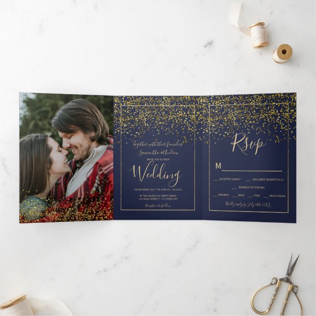 gold confetti  navy blue typography photo wedding Tri-Fold invitation (Inside)