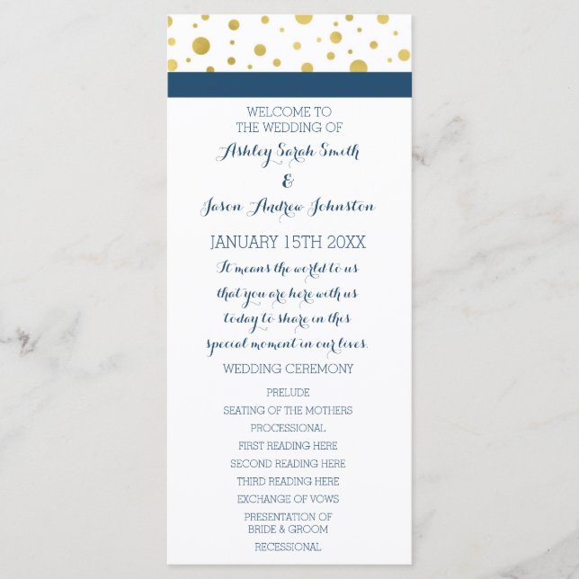 Gold Confetti Navy Blue Wedding Program Programme (Front)