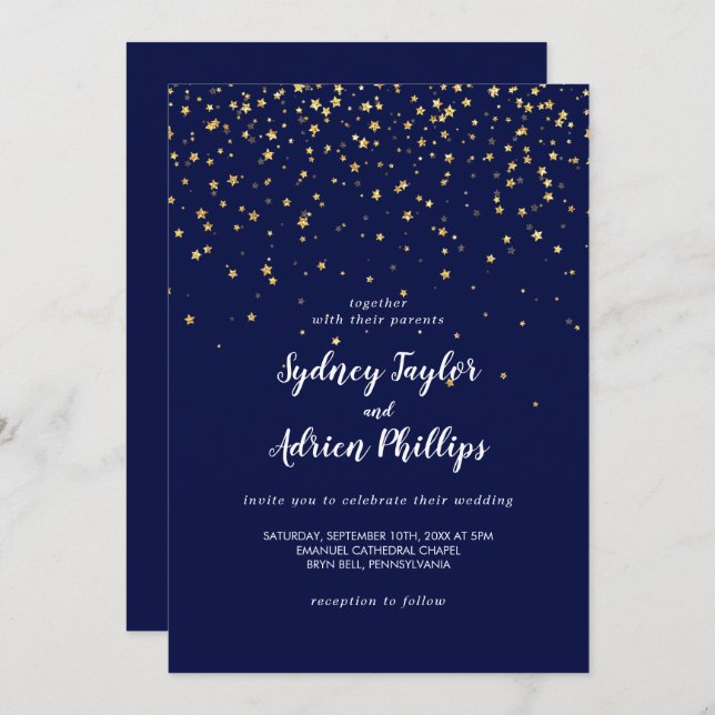 Gold Confetti | Navy Casual Wedding Invitation (Front/Back)