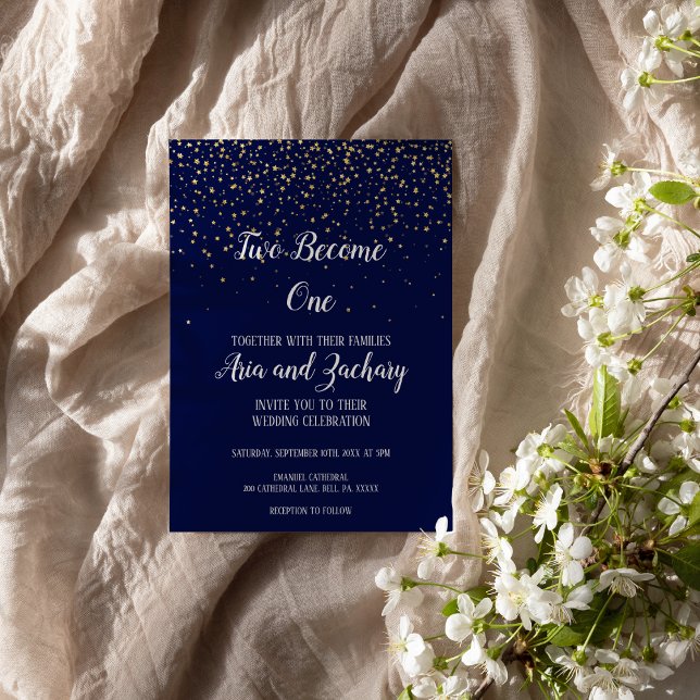 Gold Confetti|Navy Two Become One Wedding Invitation (Creator Uploaded)