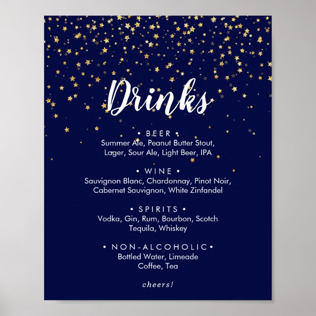 Gold Confetti | Navy Wedding Drinks Menu Sign (Front)