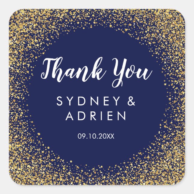 Gold Confetti | Navy Wedding Thank You Favour Square Sticker (Front)
