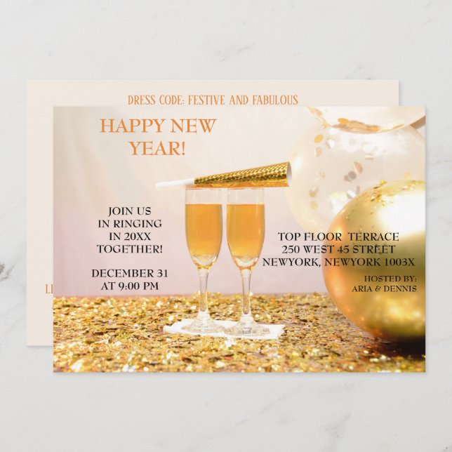 Gold Confetti  New Year  Champagne Flutes Invitation (Front/Back)