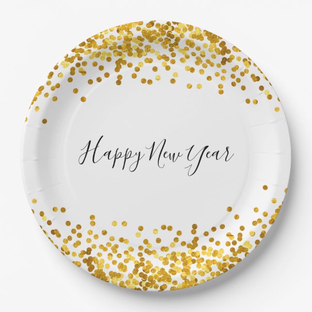 Gold Confetti New Year's Paper Plates (Front)