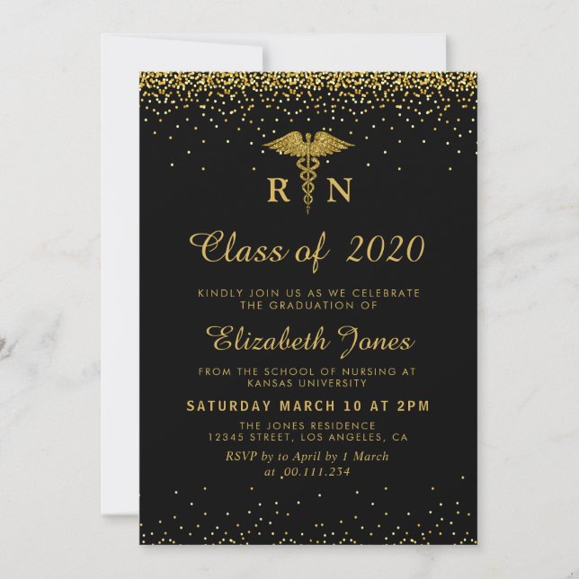 gold confetti nursing graduation party invitation (Front)