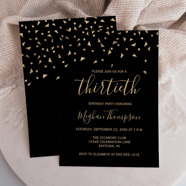 Gold Confetti on Black 30th Birthday Party Invitation (Creator Uploaded)
