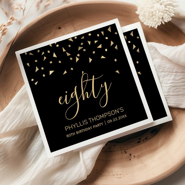 Gold Confetti on Black 80th Birthday Party Napkin (Creator Uploaded)