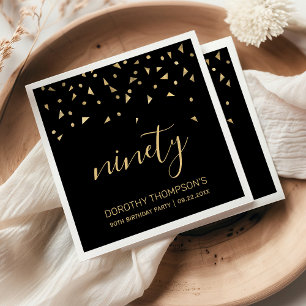 Gold Confetti on Black 90th Birthday Party Napkin