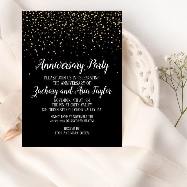 Gold Confetti on Black Anniversary  Party Invitation (Creator Uploaded)