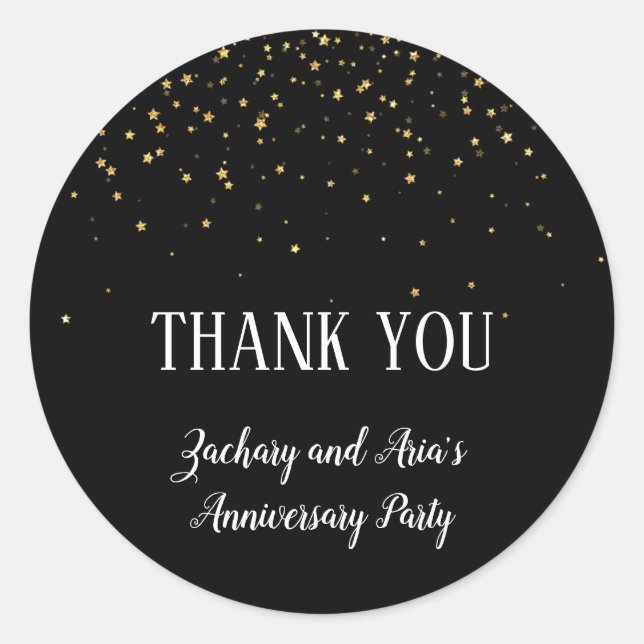 Gold Confetti on Black Anniversary Thank You Favou Classic Round Sticker (Front)