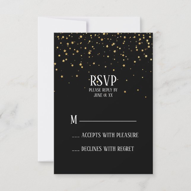 Gold Confetti on Black Bachelorette Party RSVP Card (Front)
