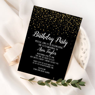 Gold Confetti on Black Birthday Party Invitation