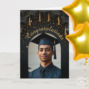Gold Confetti on Black Graduation Caps Photo Arch Card