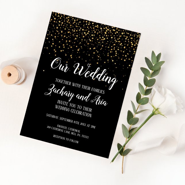 Gold Confetti on Black Our Wedding Invitation (Creator Uploaded)