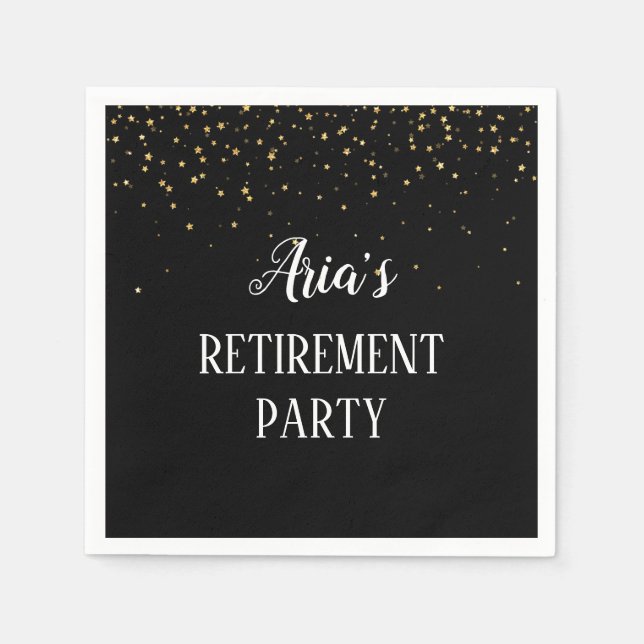 Gold Confetti on Black Retirement Party Napkins (Front)