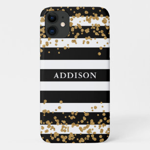 Gold Confetti on Black Stripe Pattern Case-Mate iPhone Case