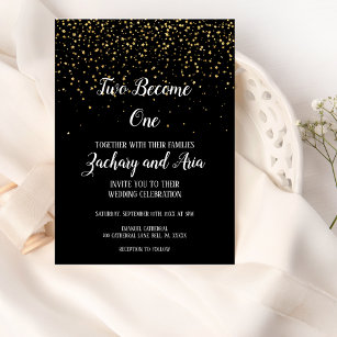 Gold Confetti on Black Two Become One Wedding Invitation