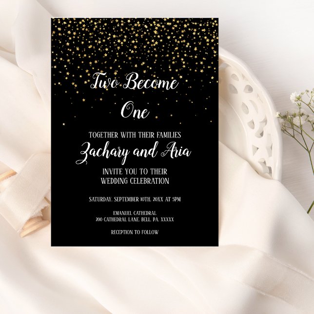 Gold Confetti on Black Two Become One Wedding Invitation (Creator Uploaded)