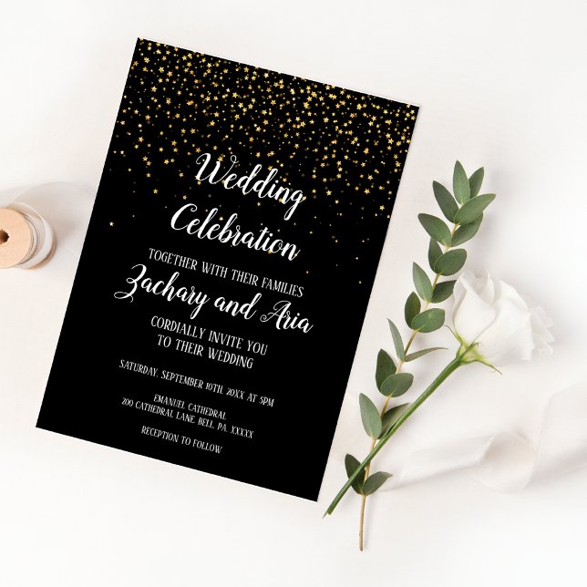 Gold Confetti on Black Wedding Celebration Wedding Invitation (Creator Uploaded)