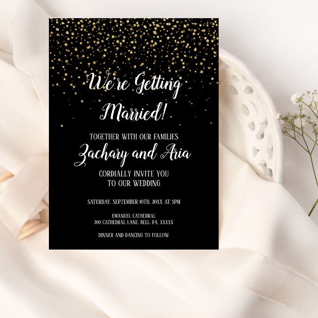 Gold Confetti on Black We're Getting Wedding Invitation (Creator Uploaded)
