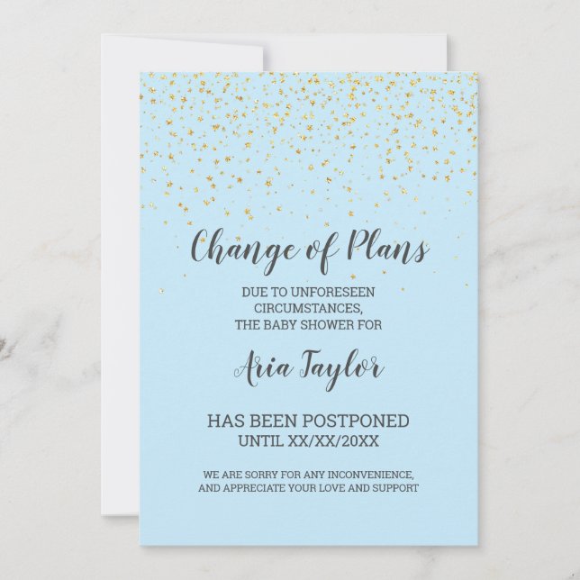 Gold Confetti on Blue Change of Plans Announcement (Front)