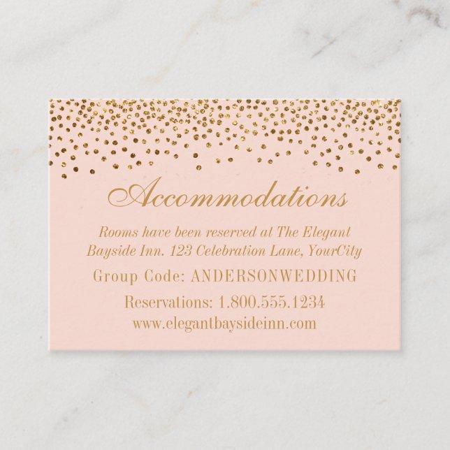 Gold Confetti on Blush Wedding Accommodation Cards (Front)
