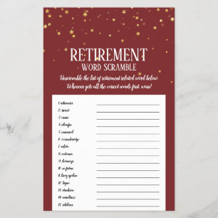 Gold Confetti on Burgundy Retirement Word Scramble Flyer