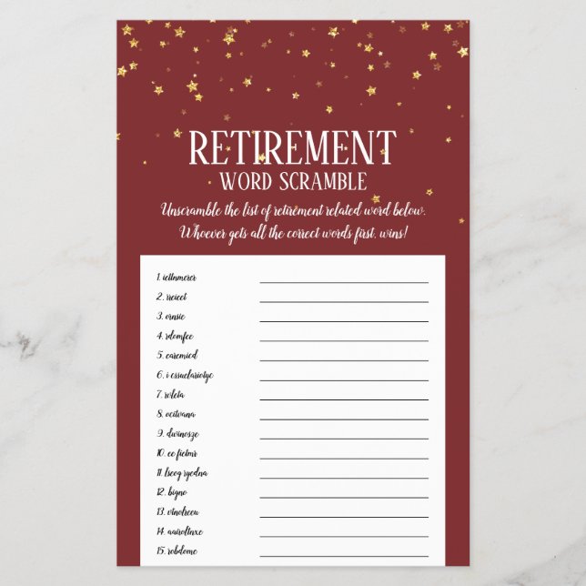 Gold Confetti on Burgundy Retirement Word Scramble Flyer (Front)