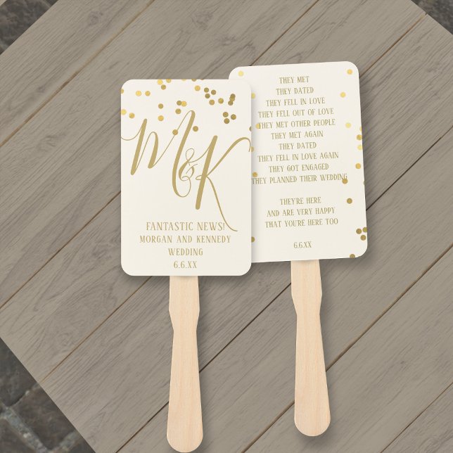 Gold Confetti on Ecru Wedding Program Hand Fans (Gold Confetti on Ecru Wedding Program Hand Fans with space for your details)