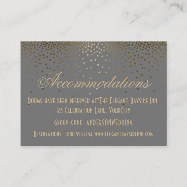 Gold Confetti on Grey Wedding Accommodation Cards (Front)