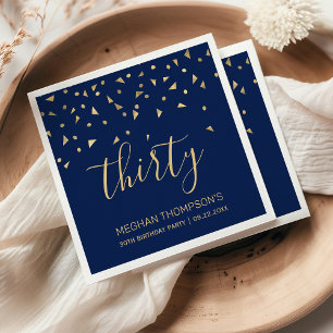 Gold Confetti on Navy Blue 30th Birthday Party Napkin