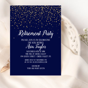 Gold Confetti on Navy Blue Retirement Invitation
