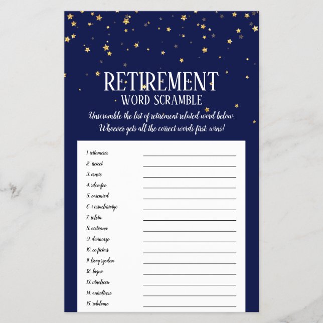 Gold Confetti on Navy Retirement Word Scramble Flyer (Front)
