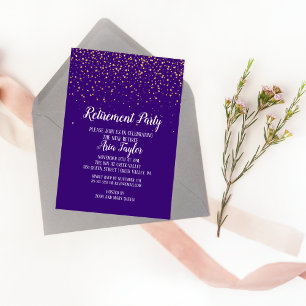 Gold Confetti on Purple Retirement Invitation