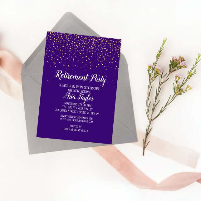 Gold Confetti on Purple Retirement Invitation (Creator Uploaded)