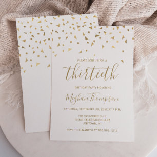 Gold Confetti on White 30th Birthday Party Invitation