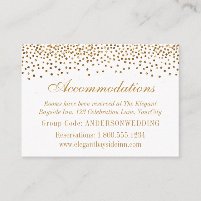 Gold Confetti on White Wedding Accommodation Cards (Front)